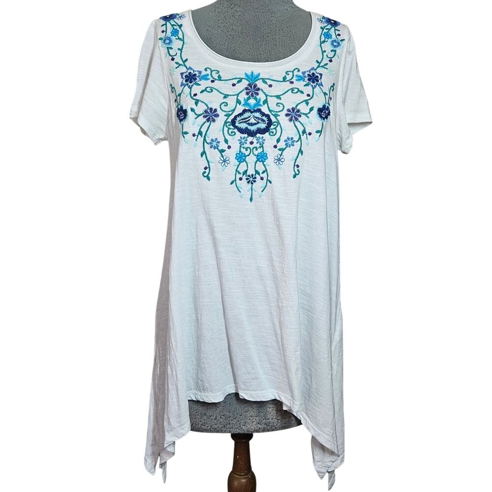 White Cotton Embroidered Embellished Tee Shirt Size Small